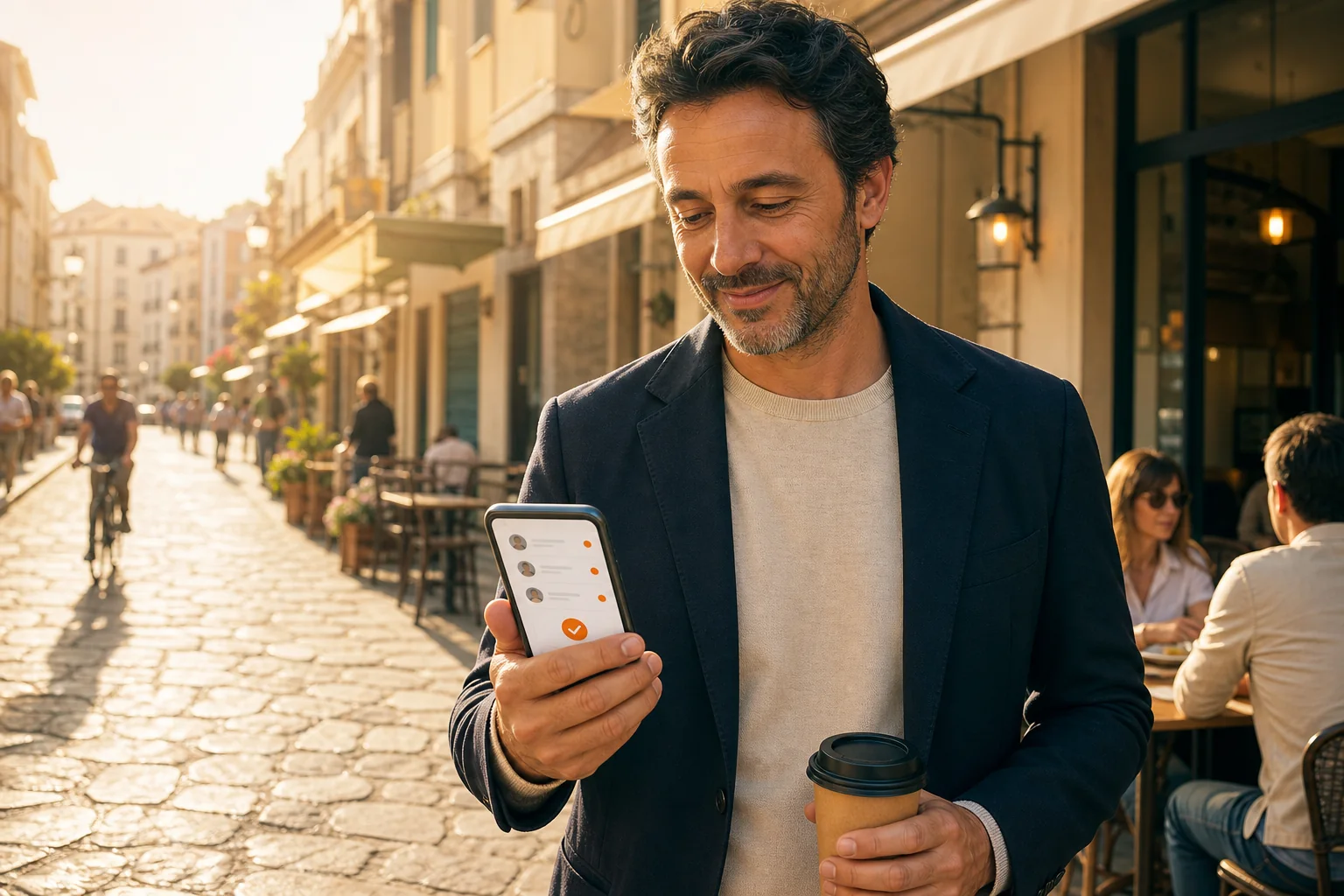 Un imprenditore riceve nuove richieste commerciali sul telefono mentre è fuori dall'ufficio