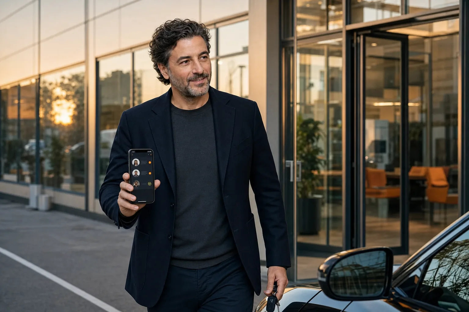 Lo stesso imprenditore riceve nuove richieste commerciali sul telefono mentre lascia l'azienda
