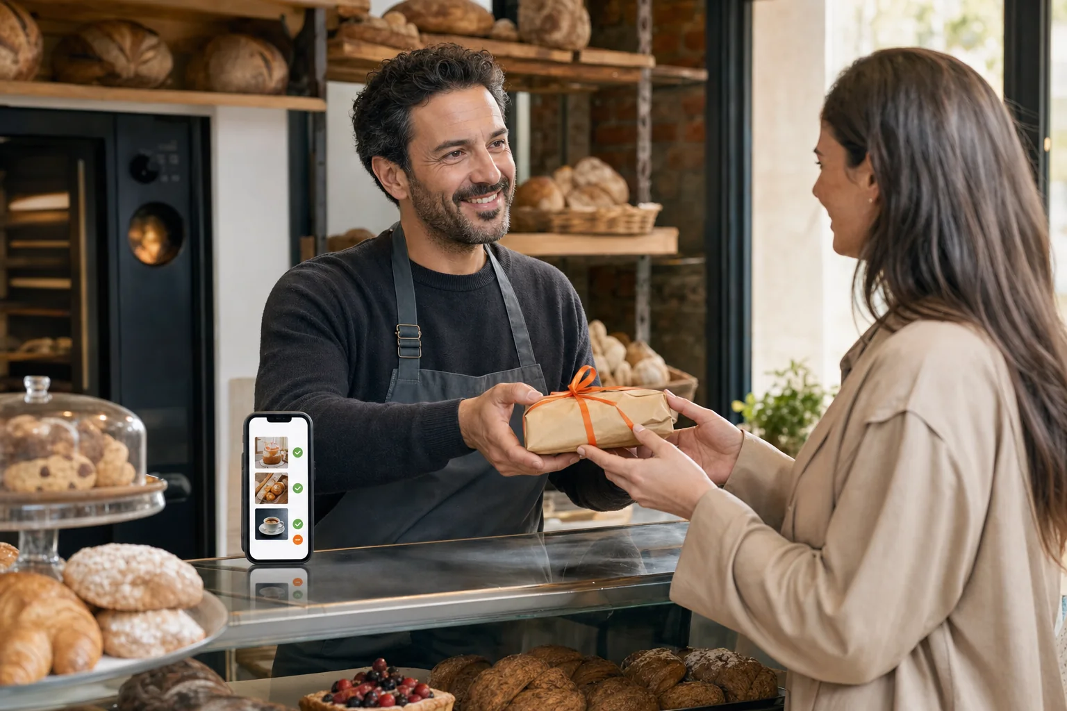 Un imprenditore serve un cliente mentre i contenuti social programmati vengono pubblicati